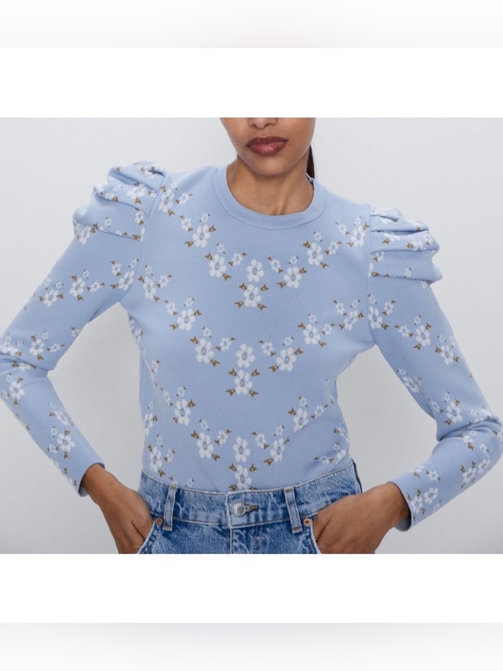 Zara Floral Puff-Sleeve Sweater Top
